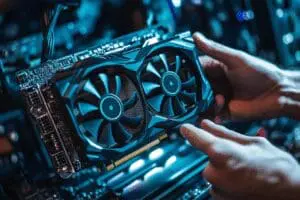 A close-up of a persons hands precisely lowering a large glowing graphics card into a motherboard depicted with clean focused surgical-style lighting