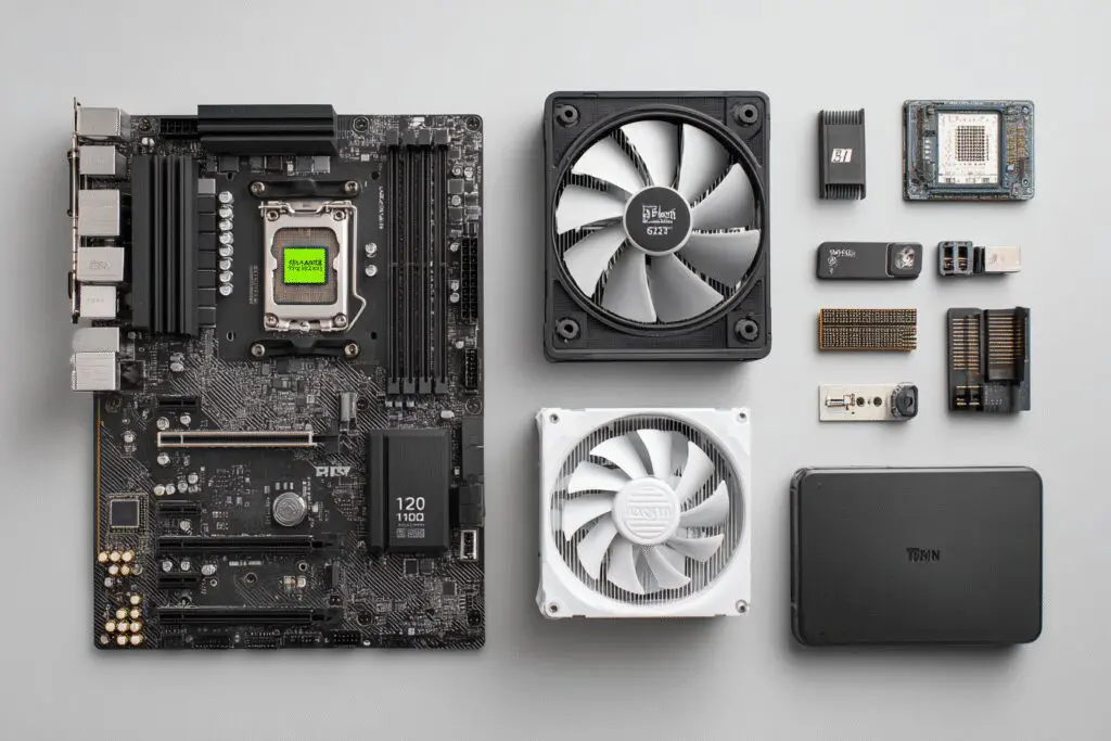A flat lay of computer parts a visual list for what parts do I need to build a gaming PC A flat lay of computer parts a visual list for what parts do I need to build a gaming PC