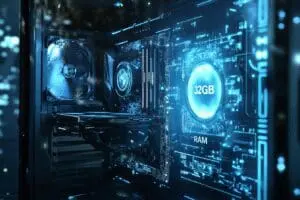 A gaming PC with 32GB RAM displayed holographically is encased in a futuristic energy shield symbolizing it is future-proof