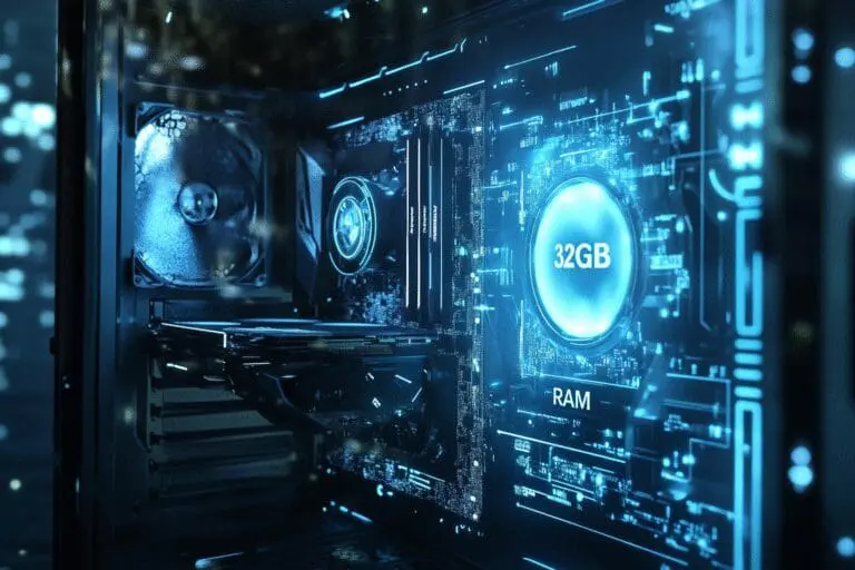 A gaming PC with 32GB RAM displayed holographically is encased in a futuristic energy shield symbolizing it is future-proof