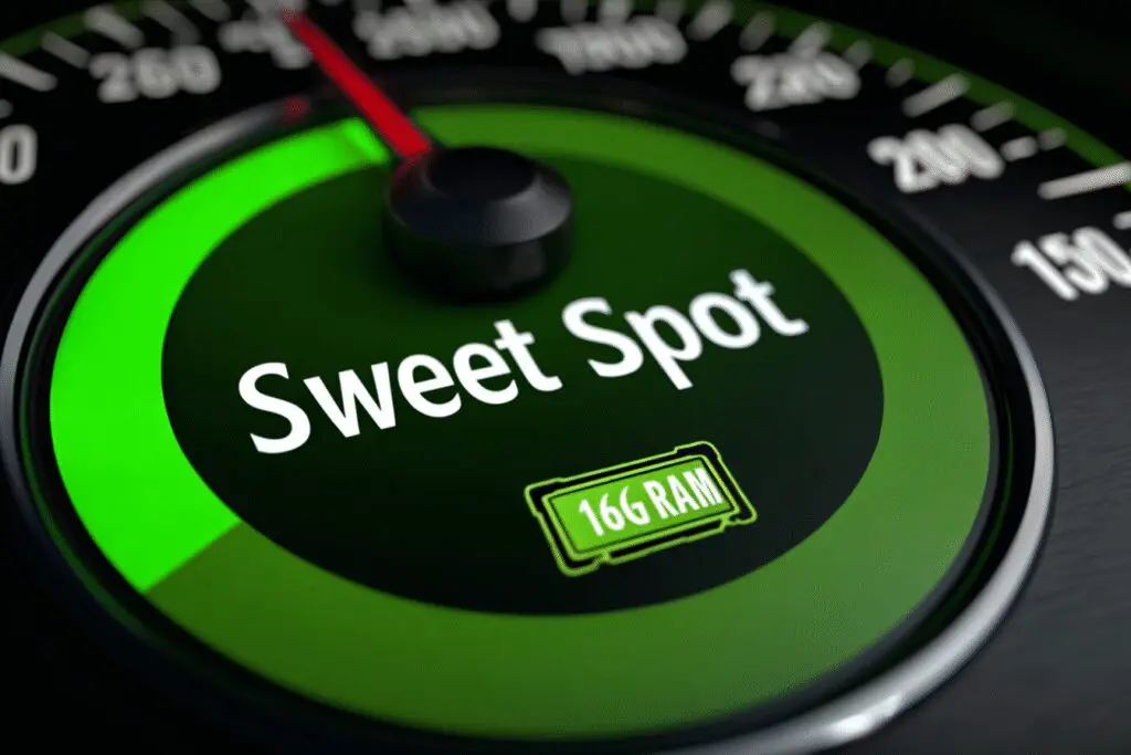A performance gauge pointing to a sweet spot answering is 16GB RAM good for gaming