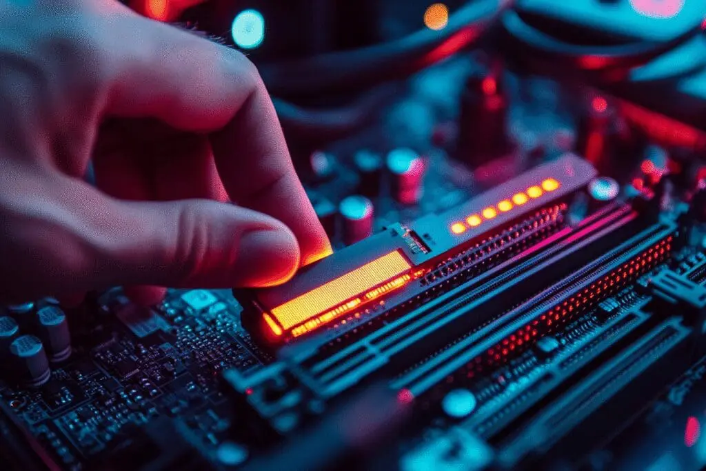 A persons hands are shown upgrading the RAM in a PC replacing an old stick with a new glowing one to represent a speed boost