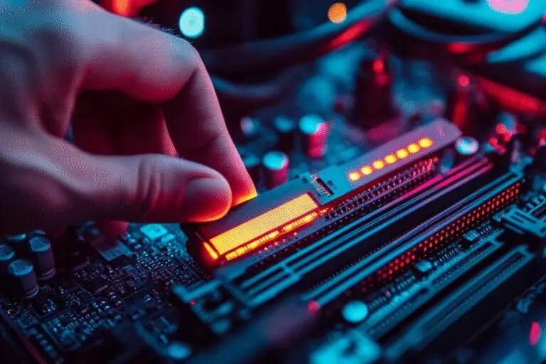 A persons hands are shown upgrading the RAM in a PC replacing an old stick with a new glowing one to represent a speed boost