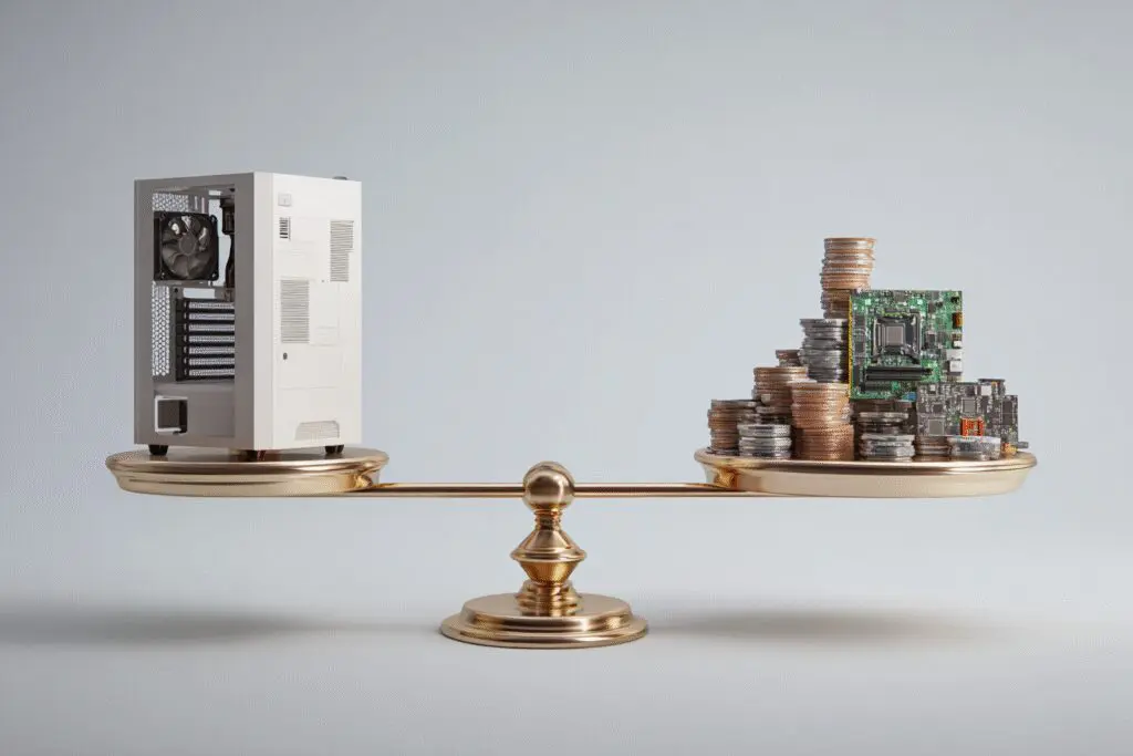 A scale showing that components and fewer coins outweigh a pre-built PC answering is it cheaper to build a gaming PC A scale showing that components and fewer coins outweigh a pre-built PC answering is it cheaper to build a gaming PC
