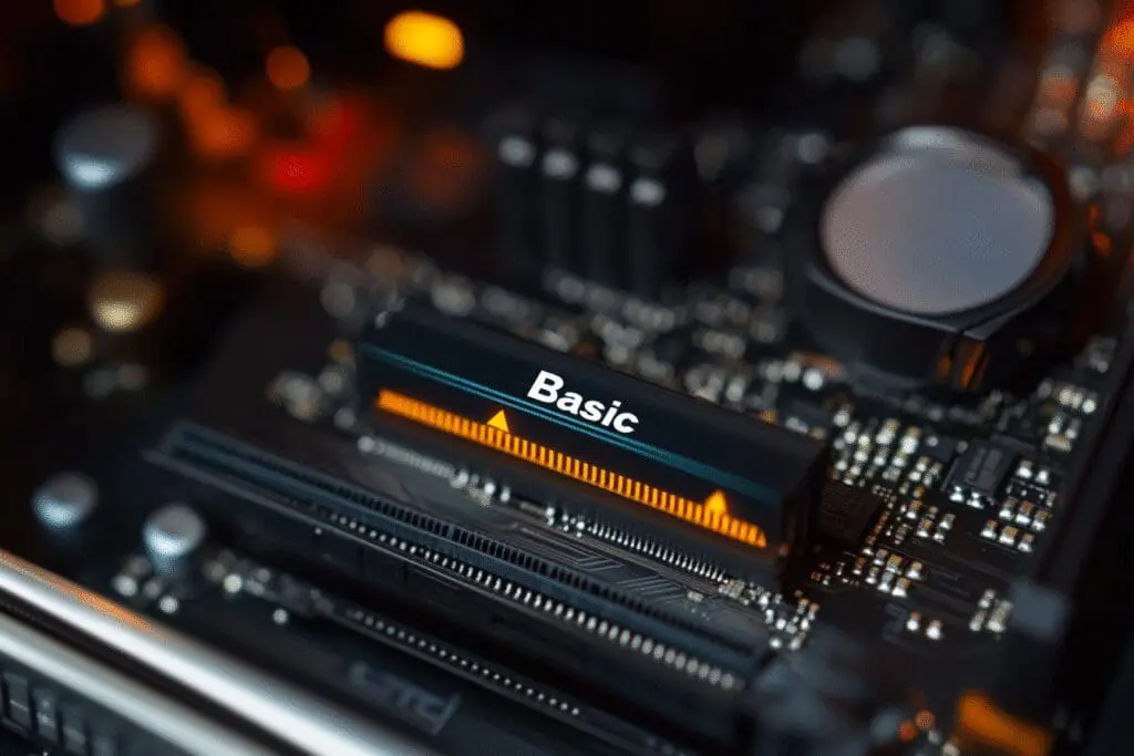 A single 8GB stick of RAM is shown next to a performance gauge pointing to the Basic level illustrating its entry-level gaming performance