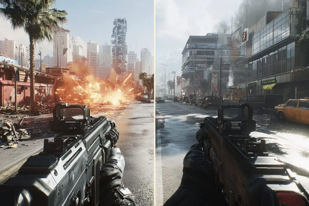 A split-screen comparison showing a blurry low-FPS video game scene on one side and a sharp high-FPS scene on the other demonstrating the effect of RAM