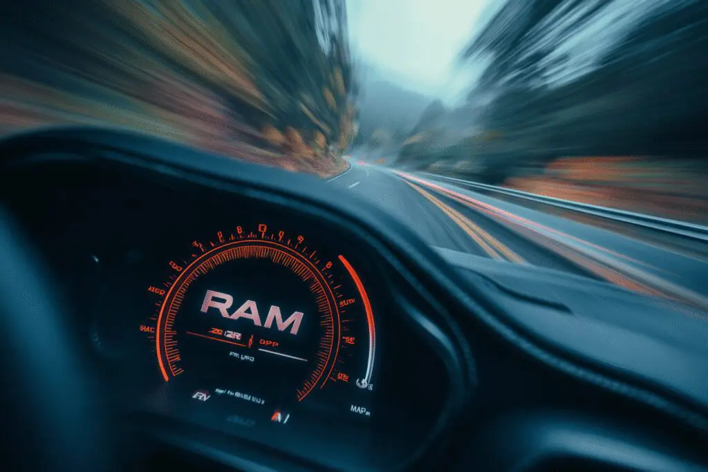 A sports car with a full RAM gauge moving at high speed showing how does RAM affect gaming