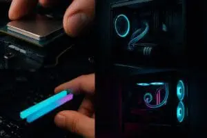 Animation of a gaming PC being assembled, which powers on to reveal a glowing cyan and magenta interior through its glass pane