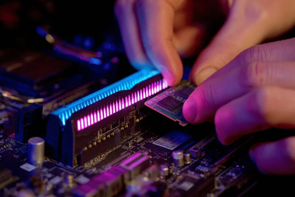 Hands replacing an old RAM stick with a new glowing one showing how to upgrade RAM for gaming Hands replacing an old RAM stick with a new glowing one showing how to upgrade RAM for gaming