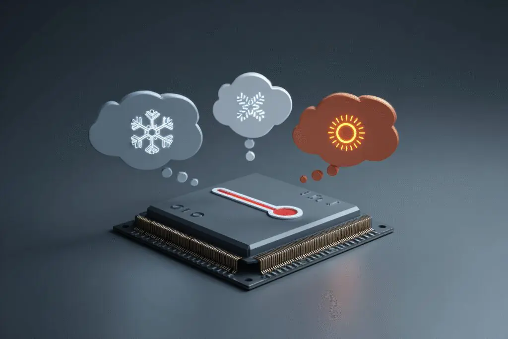 A CPU with weather icons representing temperature answering the FAQ on what temperature should my CPU be while gaming A CPU with weather icons representing temperature answering the FAQ on what temperature should my CPU be while gaming