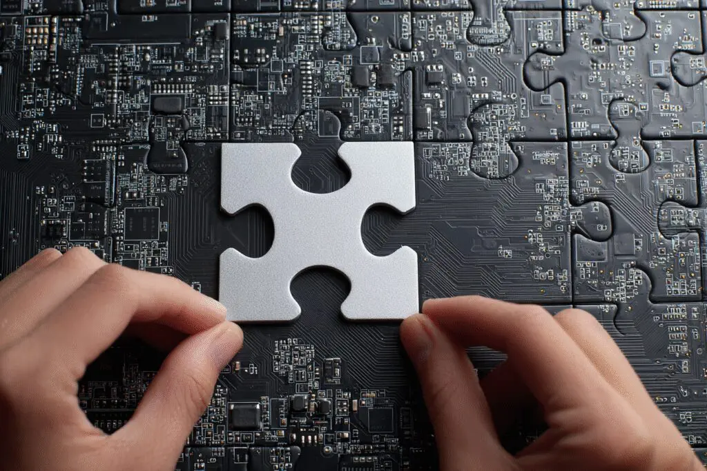 A GPU-shaped puzzle piece fitting into a motherboard puzzle answering the FAQ on how to install a graphics card A GPU-shaped puzzle piece fitting into a motherboard puzzle answering the FAQ on how to install a graphics card