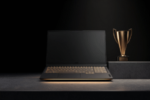 A Lenovo Legion laptop on a pedestal with a gold trophy asking does Lenovo have the best gaming laptop