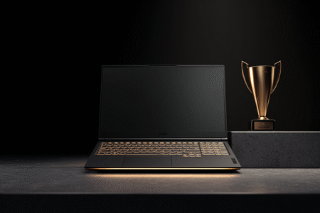 A Lenovo Legion laptop on a pedestal with a gold trophy asking does Lenovo have the best gaming laptop