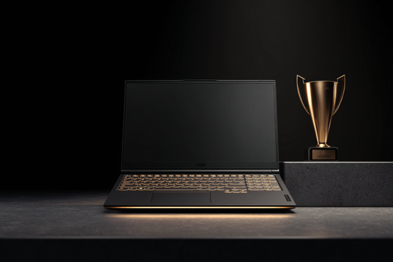 A Lenovo Legion laptop on a pedestal with a gold trophy asking does Lenovo have the best gaming laptop