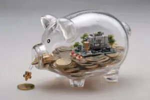 A PC being built inside a piggy bank as it fills with coins a metaphor for a rent to own gaming PC