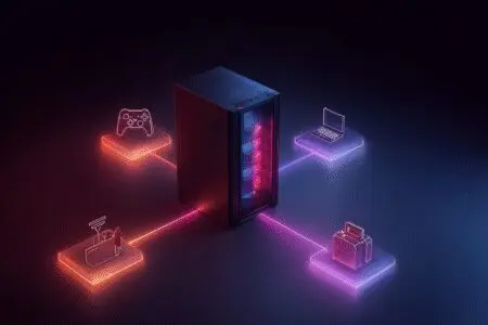 A central PC connected to icons for gaming streaming work and art illustrating what a gaming PC is used for