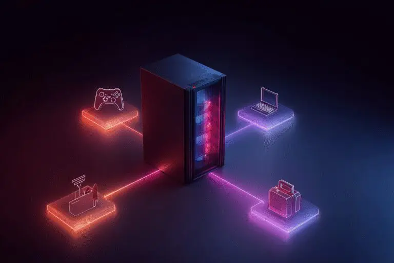 A central PC connected to icons for gaming streaming work and art illustrating what a gaming PC is used for