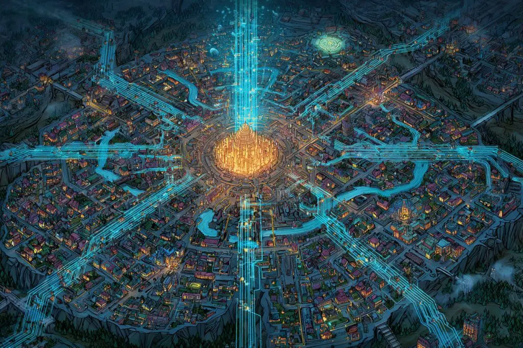 A city map with a central hub illustrating the answer to the FAQ on what does a CPU do for gaming A city map with a central hub illustrating the answer to the FAQ on what does a CPU do for gaming
