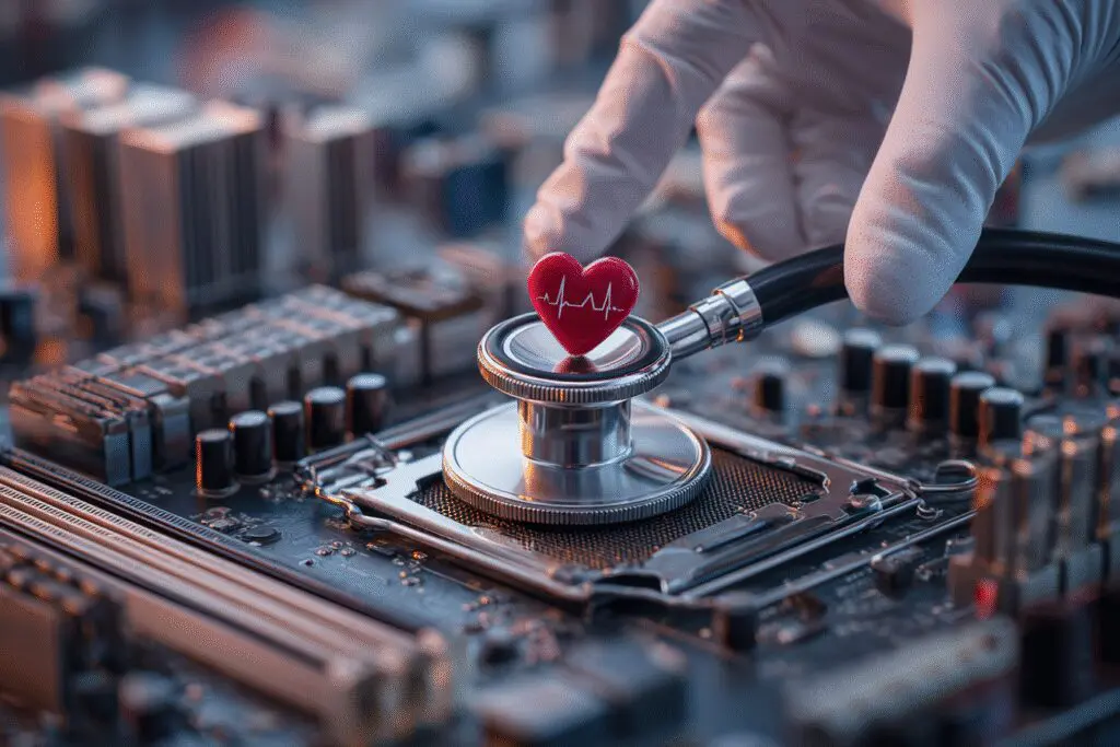 A doctors hands with a stethoscope on a motherboard answering the FAQ on how to tell if a motherboard is dead A doctors hands with a stethoscope on a motherboard answering the FAQ on how to tell if a motherboard is dead