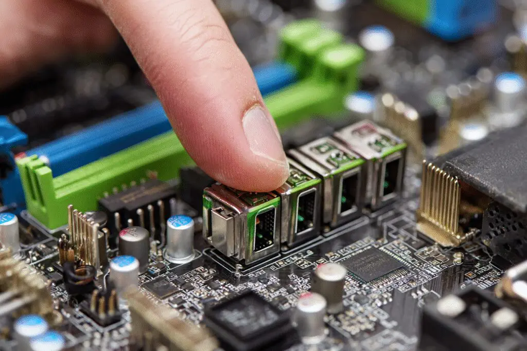A finger counting USB ports on a motherboard answering how many USB ports does my motherboard have