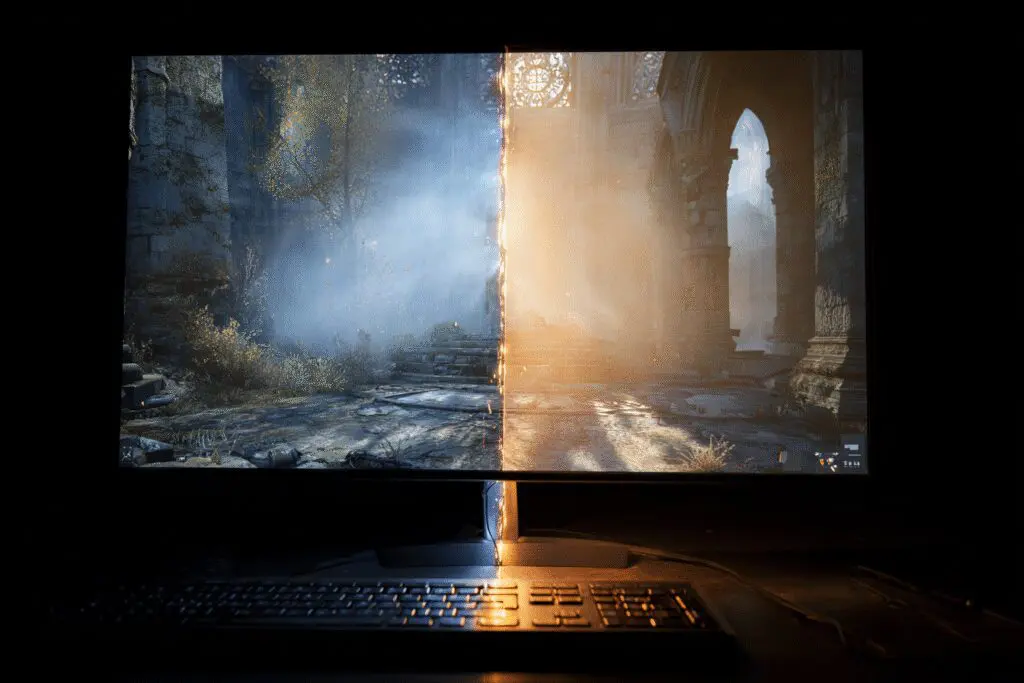 A glowing line fixing a torn image on a screen explaining what is VSync in games