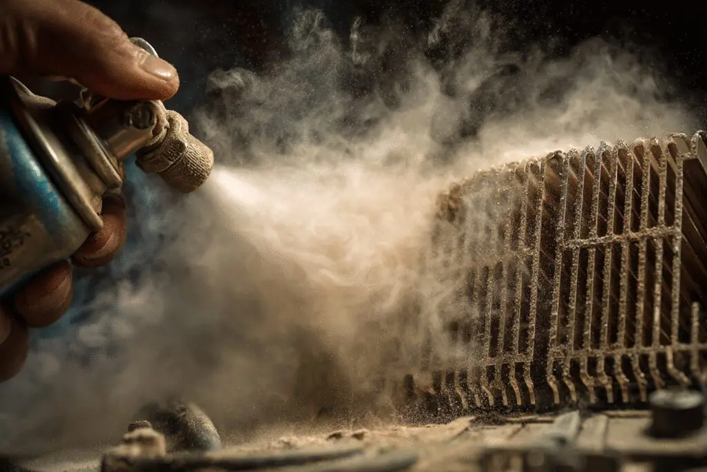 A hand cleaning a dusty heatsink with compressed air illustrating the answer to the FAQ does cleaning a PC improve performance A hand cleaning a dusty heatsink with compressed air illustrating the answer to the FAQ does cleaning a PC improve performance