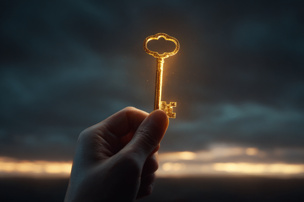 A hand holding a golden key shaped like a laptop answering the FAQ on what is the best gaming laptop