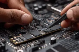 A hand installing a new SSD into a motherboard a guide for how to add more storage to PC for gaming