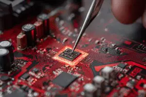 A hand installing a new chip on a GPU illustrating how to update AMD Radeon drivers