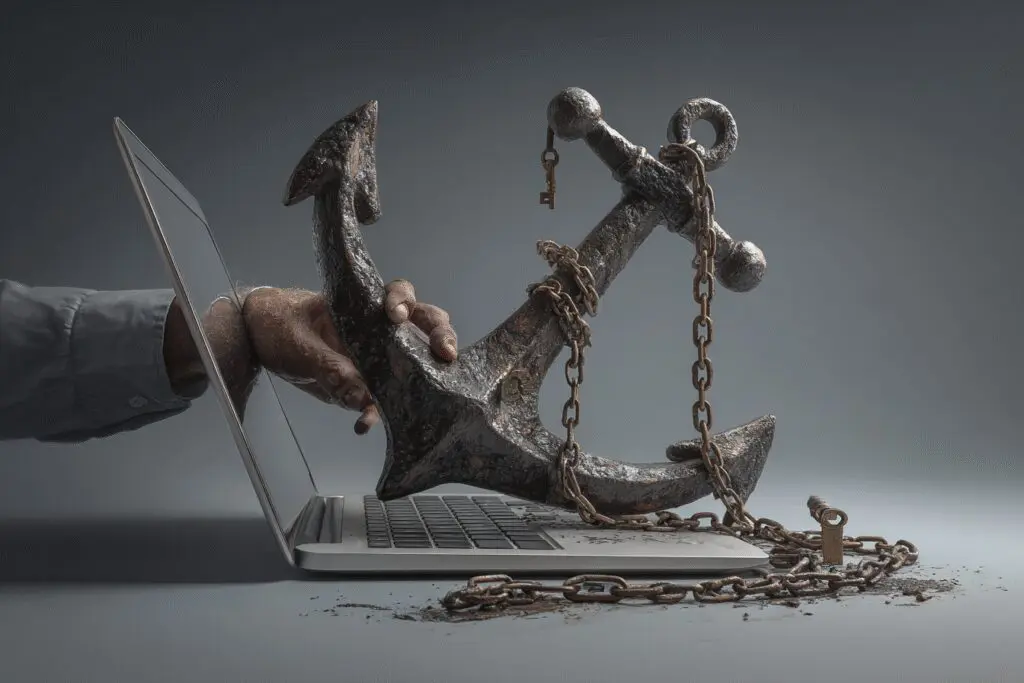 A hand unchaining an anchor from a laptop a visual for the FAQ on how to optimize a laptop for gaming A hand unchaining an anchor from a laptop a visual for the FAQ on how to optimize a laptop for gaming