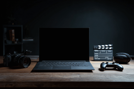 A laptop surrounded by both video and gaming gear explaining if video editing and gaming laptops are the same