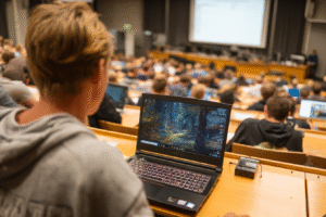 A large gaming laptop looking out of place in a lecture hall asking are gaming laptops good for school