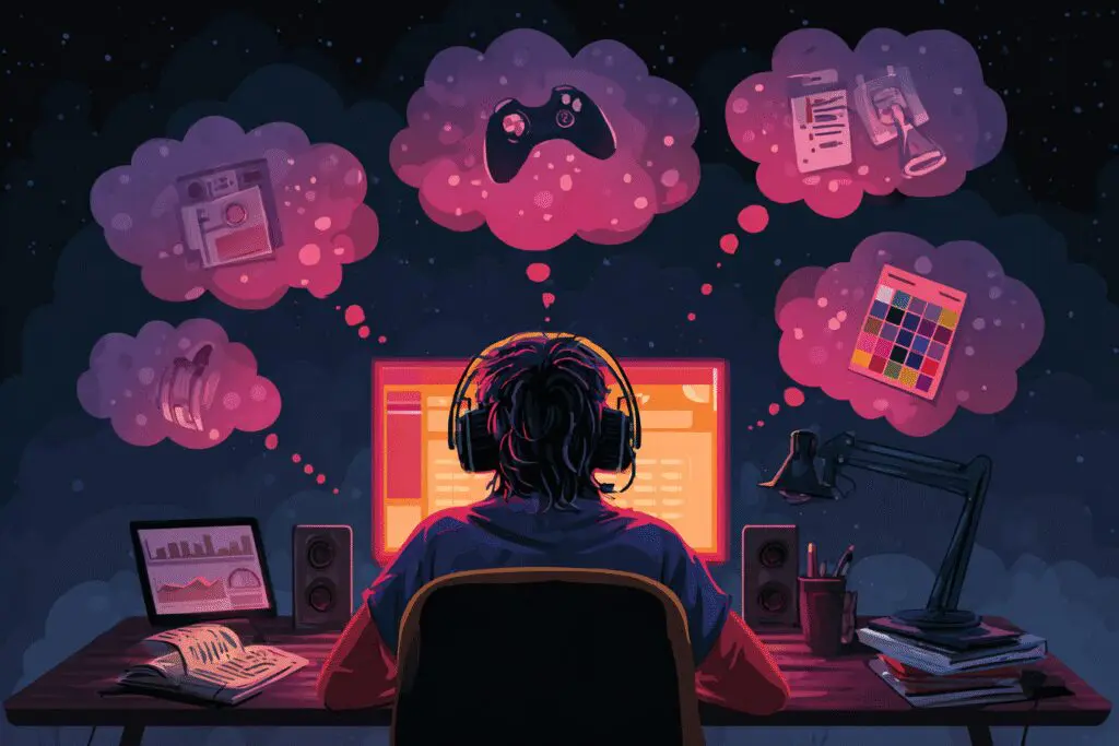 A person with thought bubbles for gaming streaming work and creating explaining the FAQ on what is a gaming PC used for