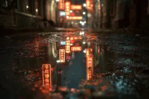 A puddle perfectly reflecting neon lights an example of what is Ray Tracing in gaming
