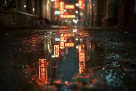 A puddle perfectly reflecting neon lights an example of what is Ray Tracing in gaming