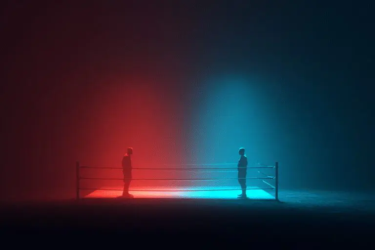 A red and a blue boxer facing off symbolizing the comparison is AMD or Intel better for gaming