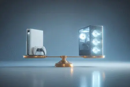 A scale weighing a console against a PC with the PC side lower asking is a gaming PC worth it
