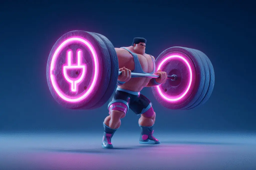 A weightlifter lifting a barbell of electricity plugs illustrating the answer to the FAQ on how much power does a gaming PC use A weightlifter lifting a barbell of electricity plugs illustrating the answer to the FAQ on how much power does a gaming PC use
