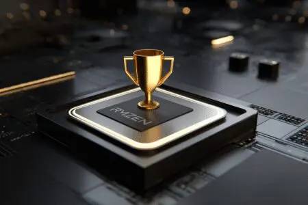 An AMD CPU with a gold trophy illustrating if Ryzen 7 5800X is good for gaming