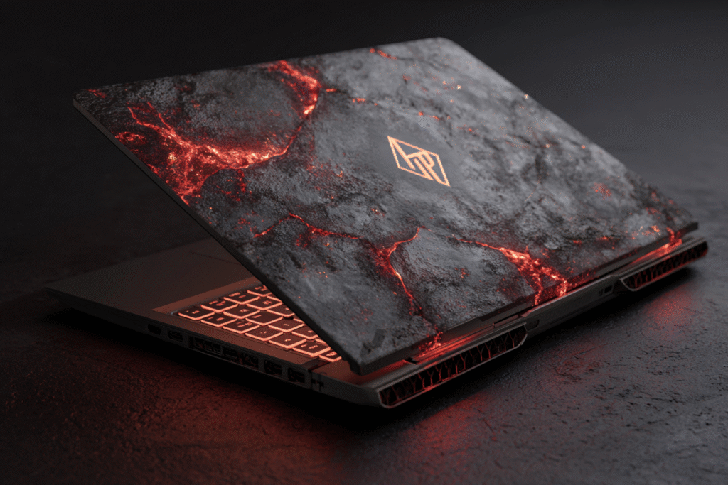 An HP laptop forged from volcanic rock with glowing lava answering the FAQ are HP laptops good for gaming An HP laptop forged from volcanic rock with glowing lava answering the FAQ are HP laptops good for gaming