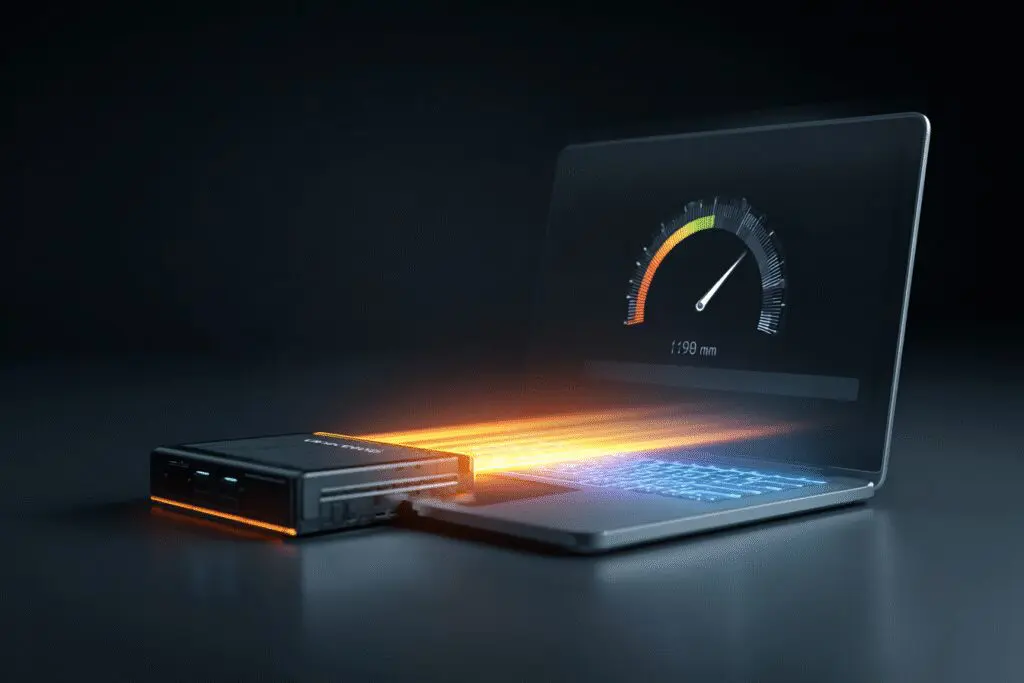 An external GPU boosting a laptops performance answering the FAQ on how to increase FPS on a laptop An external GPU boosting a laptops performance answering the FAQ on how to increase FPS on a laptop