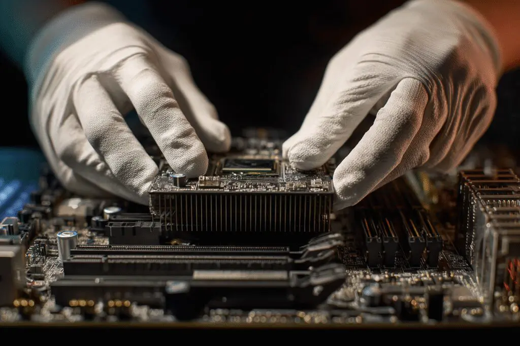Hands carefully lifting a GPU out of a motherboard answering the FAQ on how to remove a graphics card Hands carefully lifting a GPU out of a motherboard answering the FAQ on how to remove a graphics card