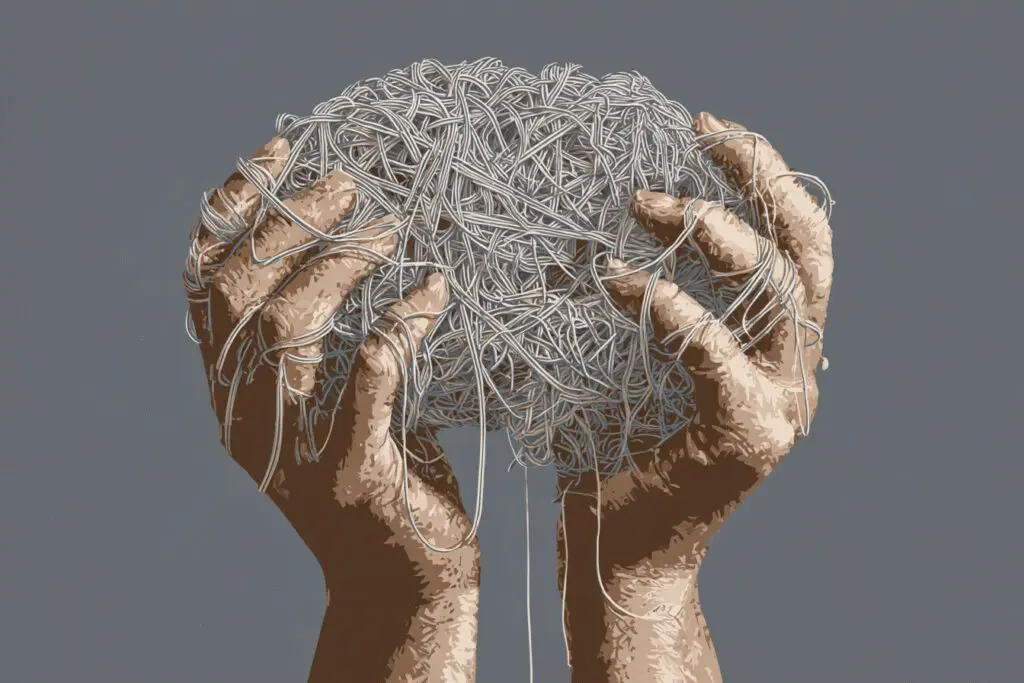 Hands organizing a cluttered brain icon a metaphor for how to improve memory on PC