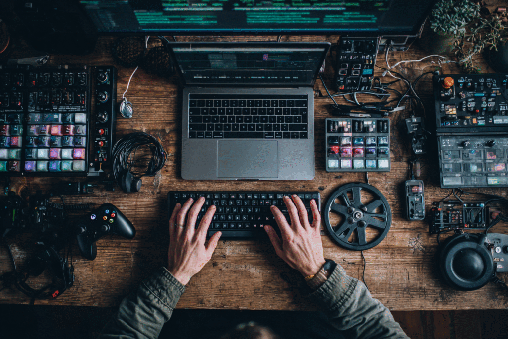 Hands using a laptop for both gaming and video editing answering the FAQ are video editing and gaming laptops the same thing Hands using a laptop for both gaming and video editing answering the FAQ are video editing and gaming laptops the same thing