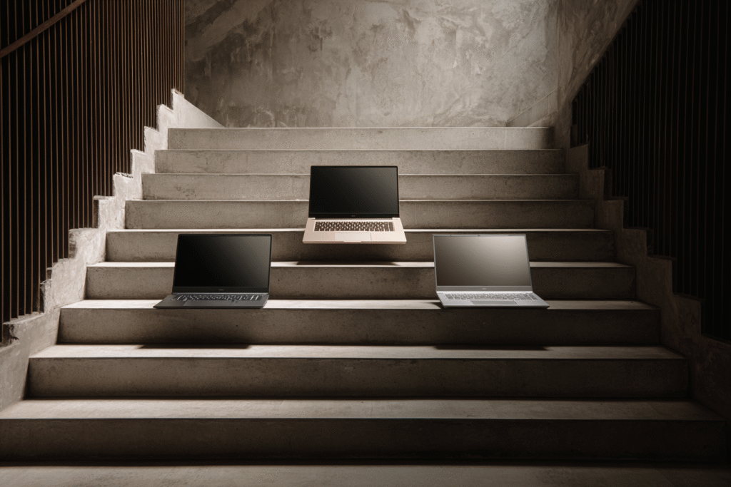 Laptops on a staircase from budget to premium answering the FAQ on how much does a gaming laptop cost Laptops on a staircase from budget to premium answering the FAQ on how much does a gaming laptop cost