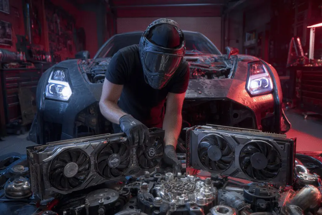 Swapping a GPU like a car engine illustrating the answer to the FAQ on how to change a graphics card Swapping a GPU like a car engine illustrating the answer to the FAQ on how to change a graphics card