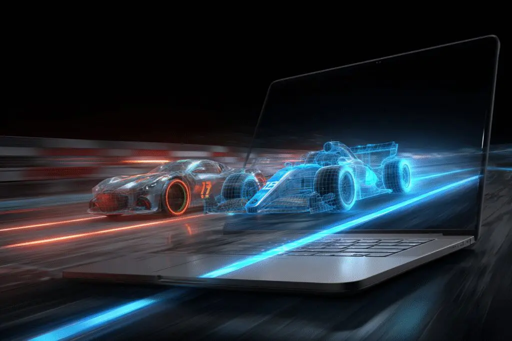 Two race cars from a laptop screen comparing the answer to the FAQ is i7 or i9 better for gaming in laptops Two race cars from a laptop screen comparing the answer to the FAQ is i7 or i9 better for gaming in laptops