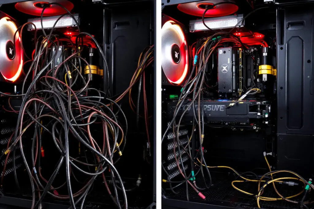 a comparison showing the cable management difference in a pc with a non-modular vs a modular psu