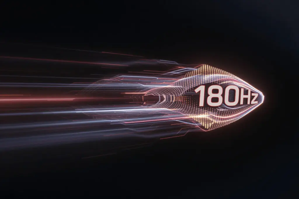 a fast-moving object with a layered motion trail symbolizing 180hz pushing past the standard for gaming a fast-moving object with a layered motion trail symbolizing 180hz pushing past the standard for gaming