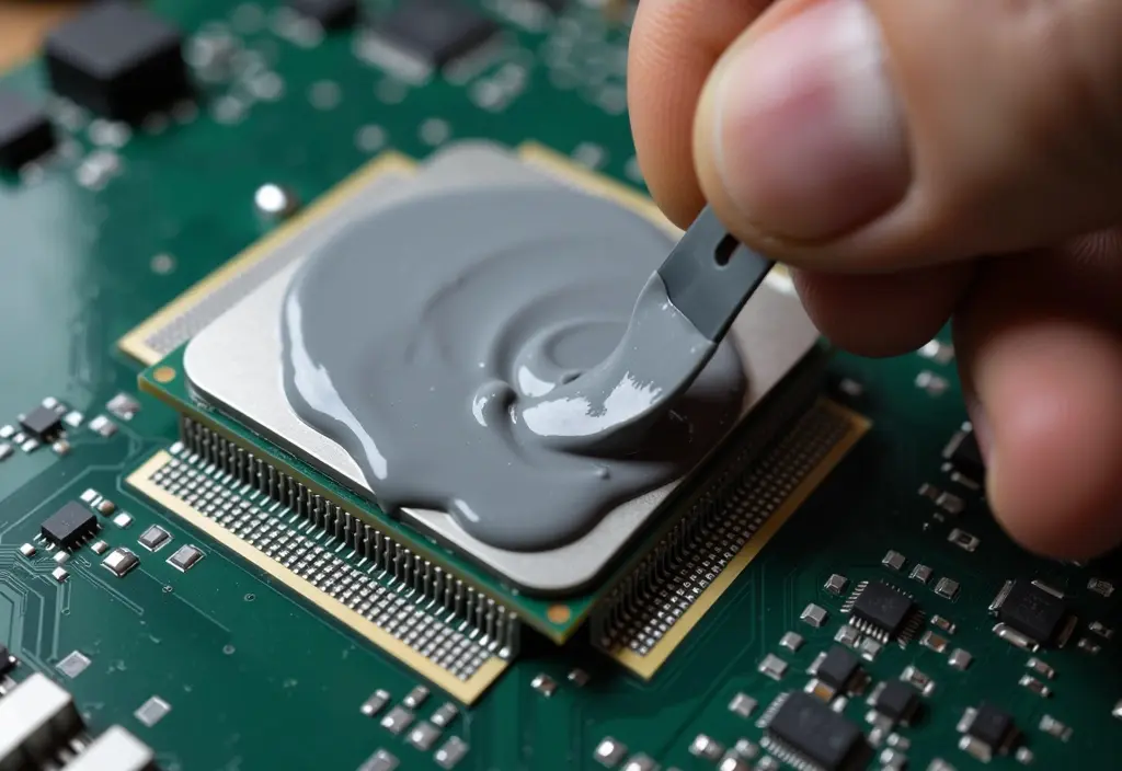 a finger evenly spreading thermal paste across a cpu demonstrating how to apply thermal paste to a cpu